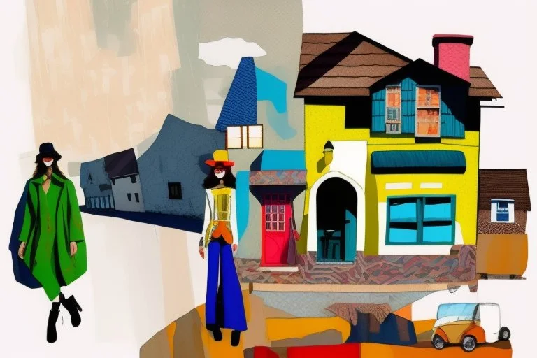 whimsical arafed nonsense, patchwork vibe, acrylic and ink painting of a cozy village main street on undulating hills with color (((minimal))) sketches of village people with (((extremely long limbs))), (((oversize head))), sharp color contrasts, amazing shadows, (((exaggerated limbs and head))), minimal cozy, warm palette, bright bold warm summer colors, color leak, sparse bright orange-red splinters, heavily distorted views, amazing parallels, amazing reflections