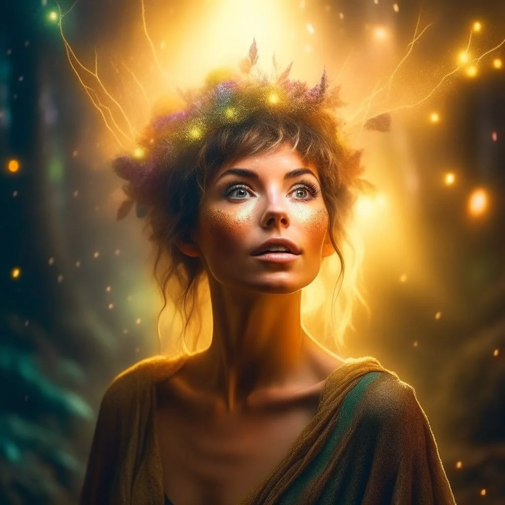 painting, portrait of brown hippie pixie hovering in the underground grove sparkling light confetti, in the style of dali, 8k, down-light, soft light, depth of field, photo realism, trending on art station, high detail, smoke and fog