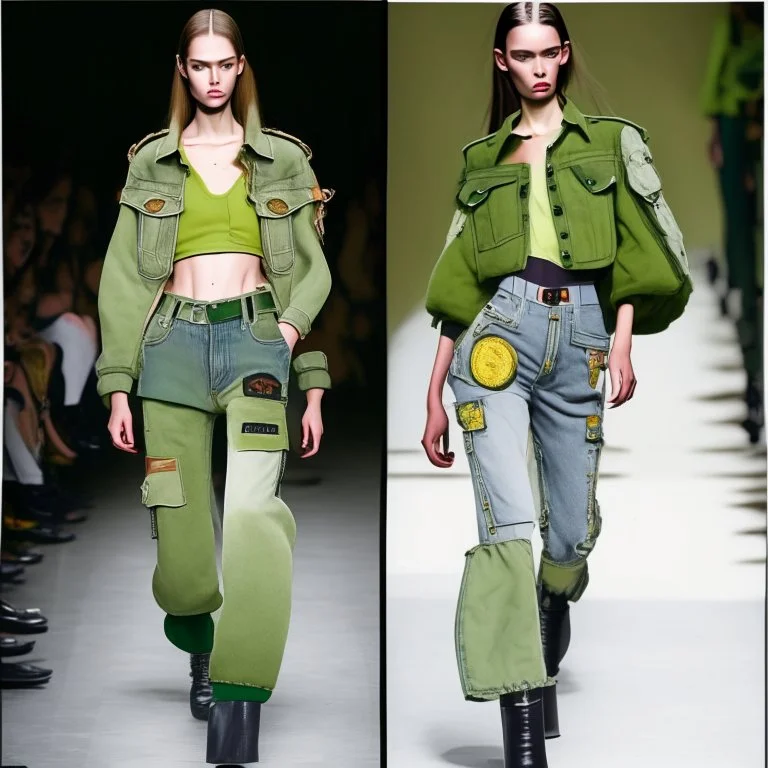 Women model catwalk wearing cargo jeans with patch jellow and green