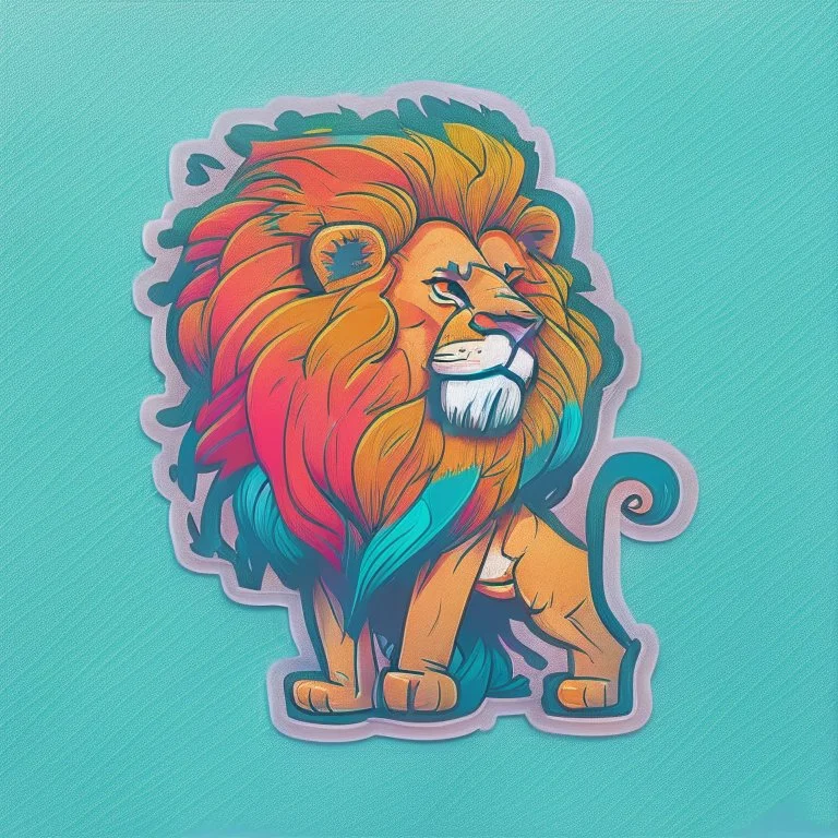 A sticker design in a minimalistic style featuring a caricature lion in vivid colors. The subject is presented alone on a neutral background.