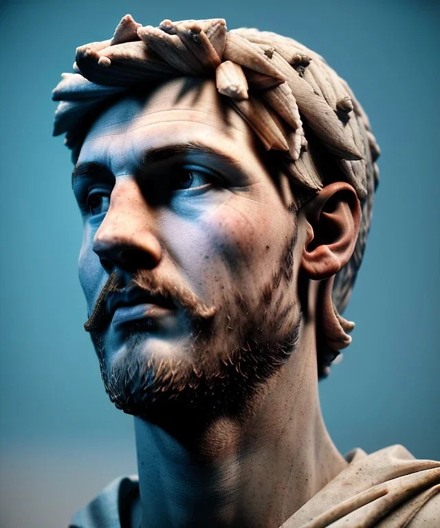 Gran angular, Realistic image, roman sculpture, marble material, Lionel Messi with Laurel wreath model, miguel angel style, God light, god rays, 4k resolution, perfect details, ornate details, soft lighting, unreal engine 5, soft cyan background.