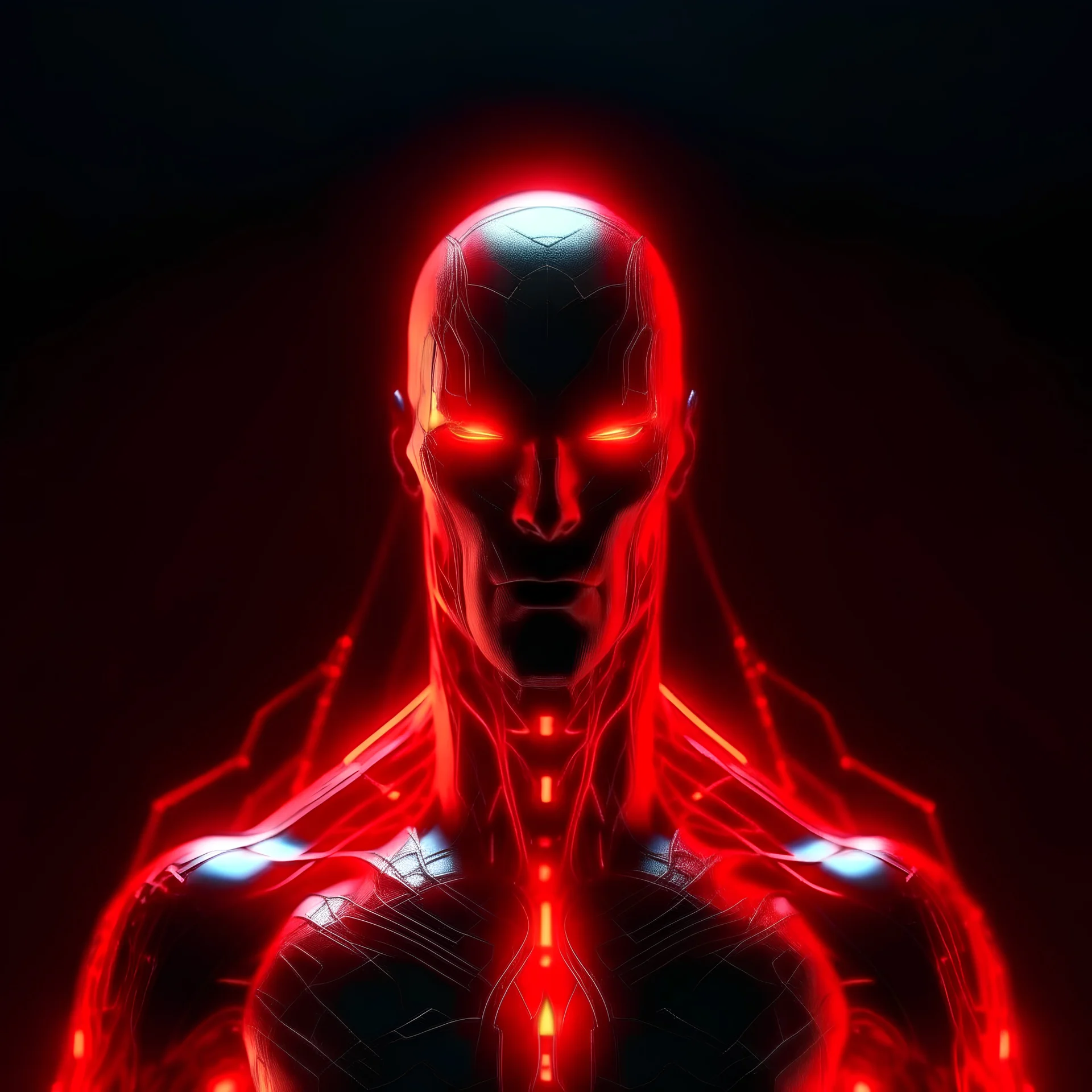 personaje futurista transformandose en humano con luces rojas