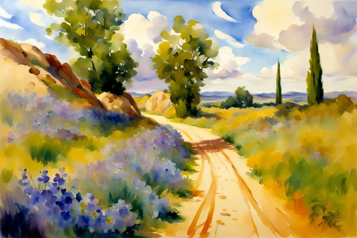 Sunny day, clouds, dirt road, flowers, mountains, big rocks, trees, sci-fi, john singer sargent watercolor paintings