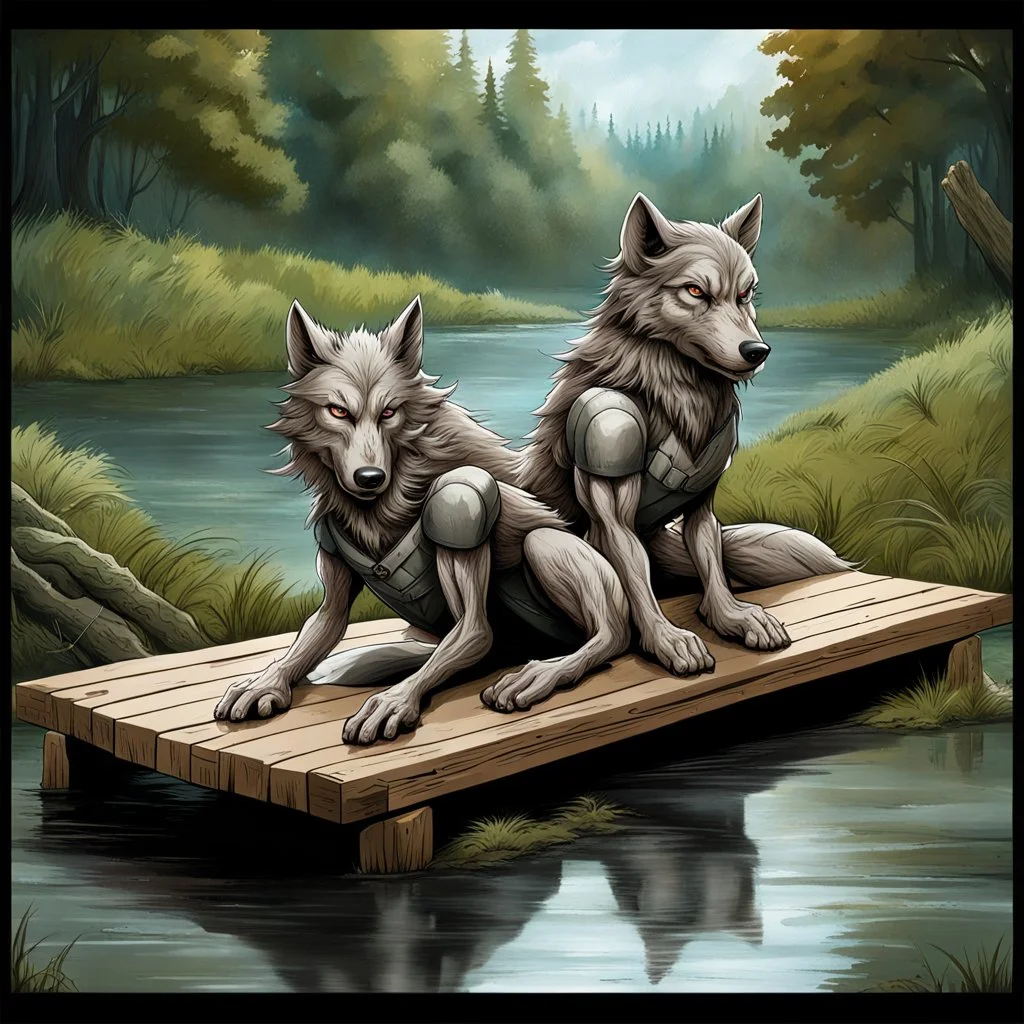 one gray and one brown fantasy anthropomorphic wolf-human hybrids creature in body hair lie exhausted and wet on their stomachs on two wooden boards next to a deep river, on the opposite bank in the distance, hour-long, thick-trunk trees are faintly visible, grass, mud, rain, high realistic, detailed, cinematic, sci-fi, digital art, dark fantasy mood