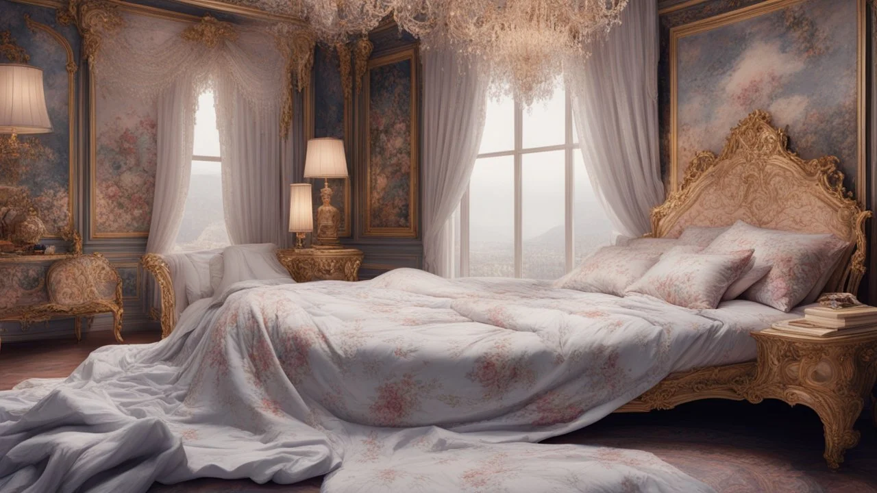 she sleeps in printed cotton agent provocateur; lay nestled in the center of a vast, luxurious bed, the sheets and blankets enveloping her like a protective cocoon. The room surrounding her seemed to stretch endlessly in all directions, the ornate furniture and elegant decor creating a sense of opulence and comfort. From this upper isometric view, Olivia felt both enchanted and trapped by the sheer grandeur of her surroundings.