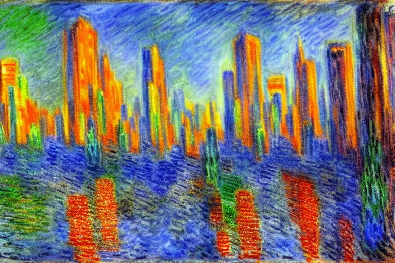 Cyberpunk City near the trees, claude monet influence, sci-fi, impressionism painting