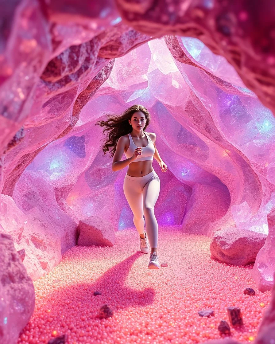 make a video pretty crystal cave covered with jewells and CIFI jewell lights and 3d recursive cubic and sphere base pearls and jwells a beautiful fashion model lady with cute,curvy hair,makeup, in pretty sports suit is running inside cave ,dynamic camera fallow her inside cave capturing full body, dynamic lights.