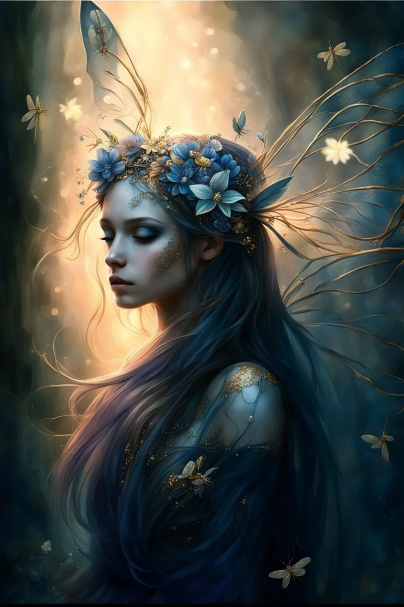 Blue dark blue gold hair,very long hair, dark gold,gold,rapunzel hair,dark fairy princess,elven crown,dragonflies,fireflies,night,water lilies, orchids,jasmine flowers,glitter,sparkle,flowers,copper,bronze