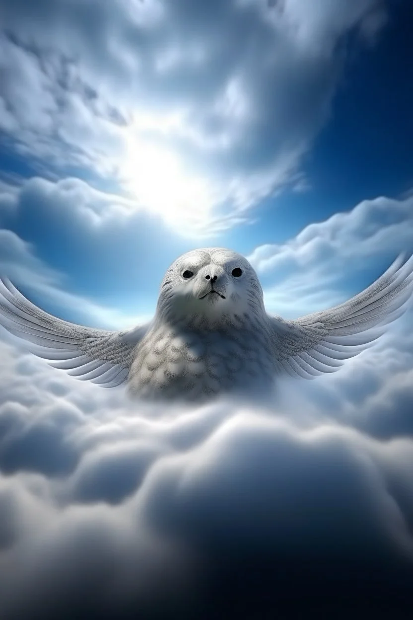 fluffy clouds, portrait of winged seal soaring like an angel through the clouds with a blessed smile, gates of heaven, 4 k, down light, depth of field, trending art, high detail