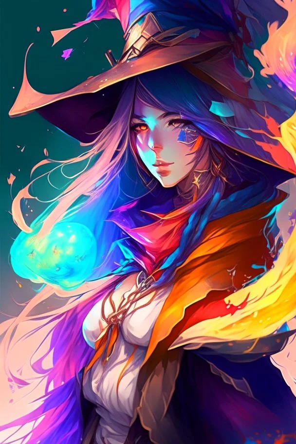 anime woman, mage, colorful