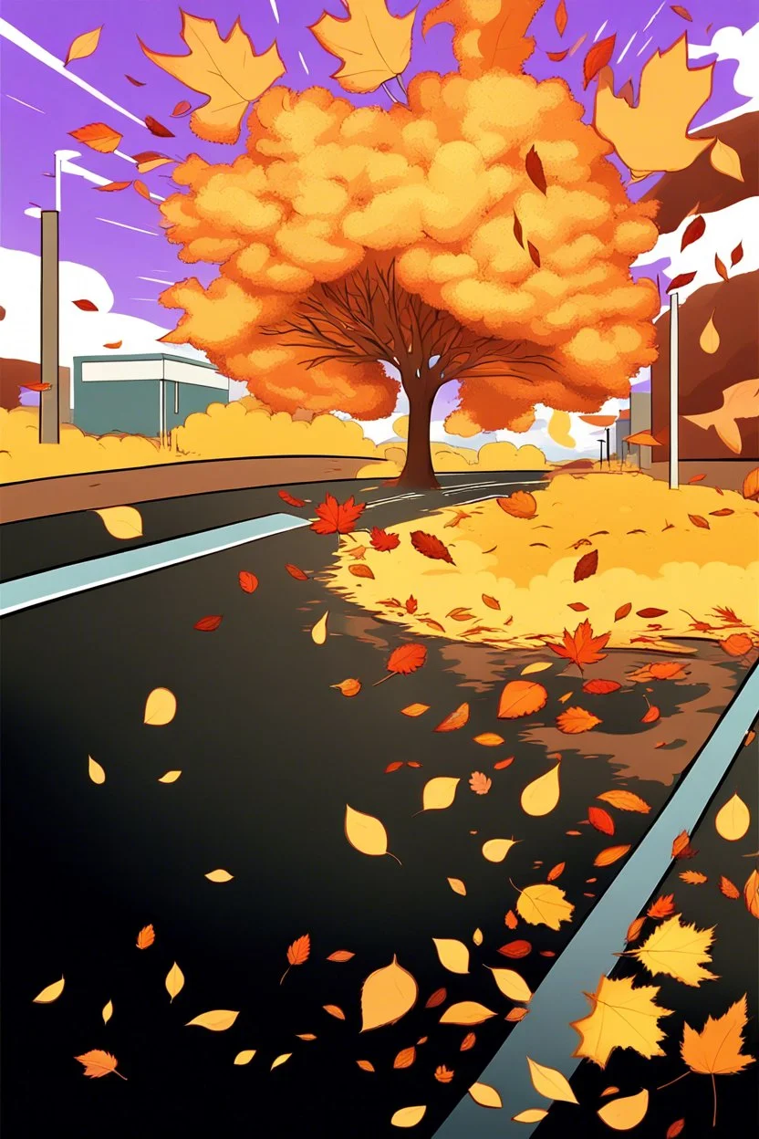 top right corner is a nuclear explosion cloud, top of explosion looks like a autumn tree full of leaves, add leaves falling everywhere in foreground, bottom 2/3 is a road through a road, a wind is blowing away from the tree. a commercial building is on the middle left