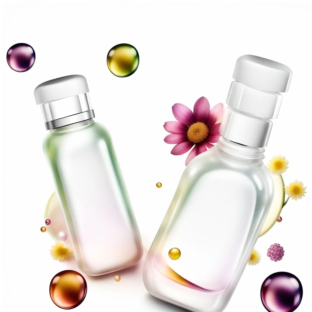 two bottles for cosmetics, behind a beautiful floral spring floral background, top view picture, in the background there are beautiful soap bubbles, molecules and honeycombs, high-quality picture, top view