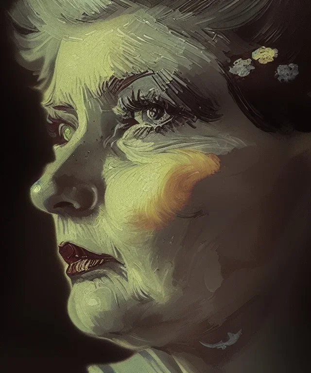 yaşlı bir kadının portresi, çiçekler, dramatik ışıklandırma, Van Gogh tarzı, Greg Rutkowski tarzı, Yoji Shinkawa tarzı, 4k, dijital sanat, konsept sanat, Artstation'da trendlere girmiş