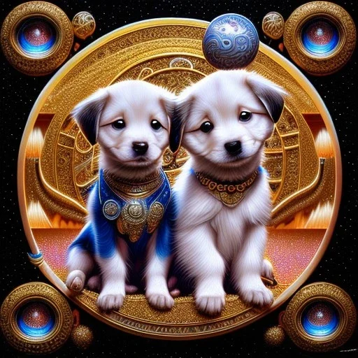 3d cute puppies, beautiful rich, detailed yin and yang symbol, shiny, intricate, gorgeous, ultrafine detail, hyperrealism, trending , sharp focus, intricate details, highly detailed, glowing, glitter, complementary colours