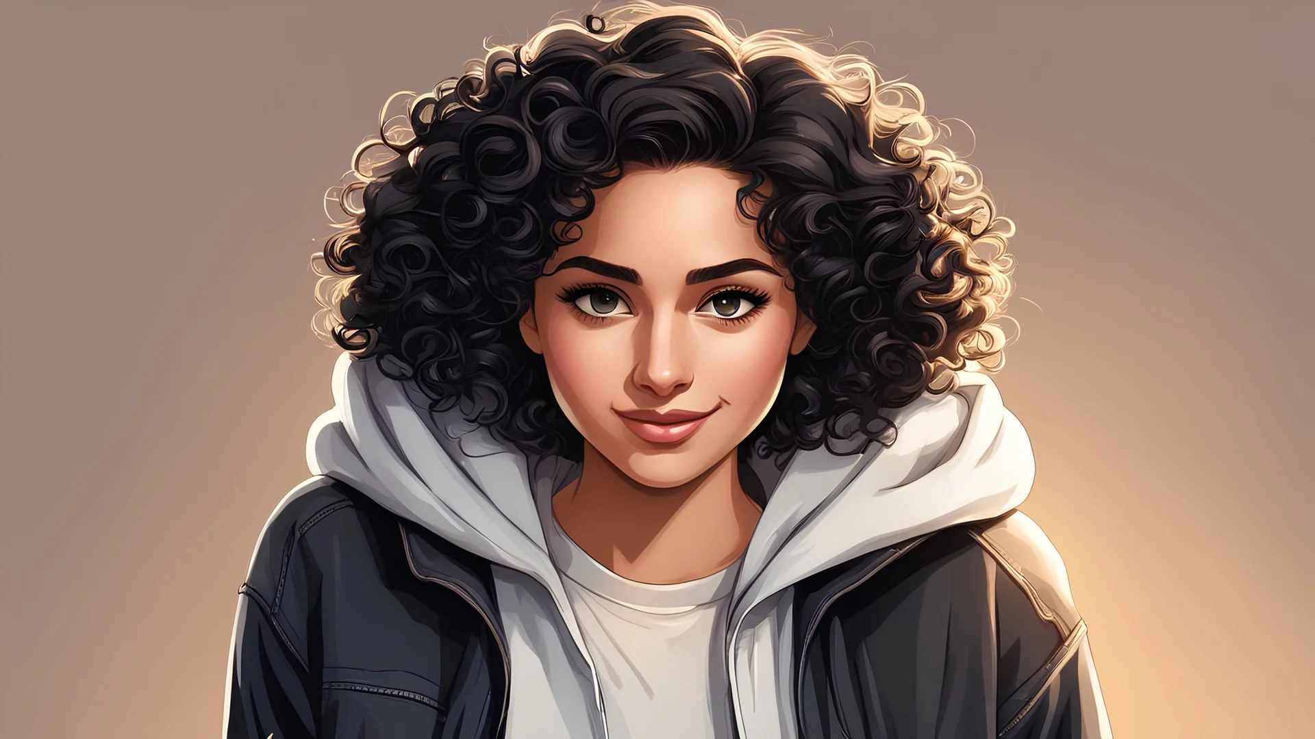 A young woman with a laid-back style, wearing jeans and a hoodie, her naturally curly black hair framing her face, paired with soulful brown eyes and expressive eyebrows, radiating a relaxed and easygoing expression, standing, masterpiece, best quality, JS_CartoonStyle, light smile,