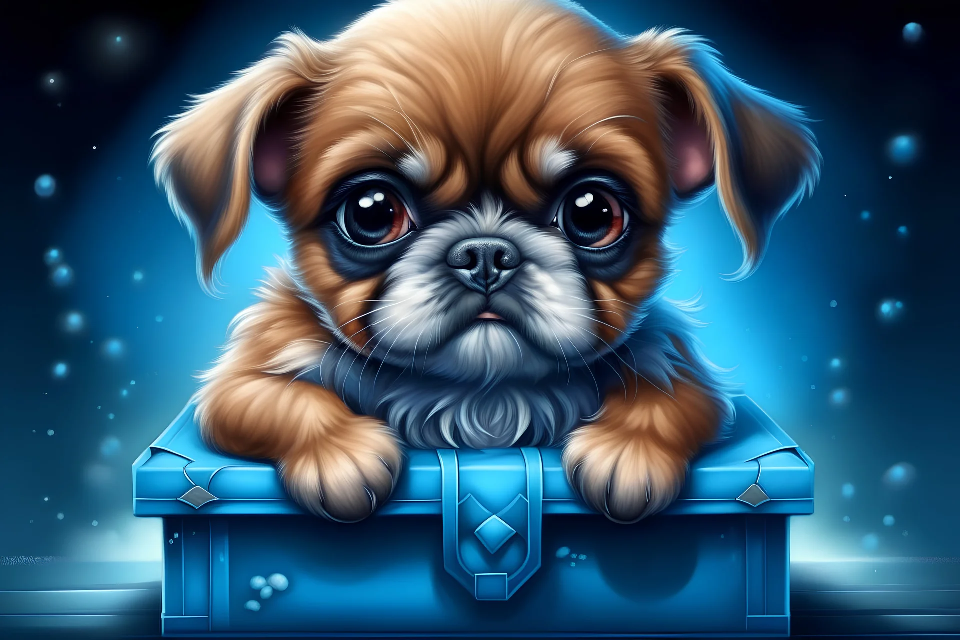 A Stunning kawaii cute fluffy boxer puppy sitting in blue gift box, in the style of Puffy Gator, Beautiful Big Eyes, Apofiss, Ailah, Kikariz, 8K, HD, Fairy, Hyper Detailed, Cinematic Atmosphere, intricate details, Digital Painting, Realistic