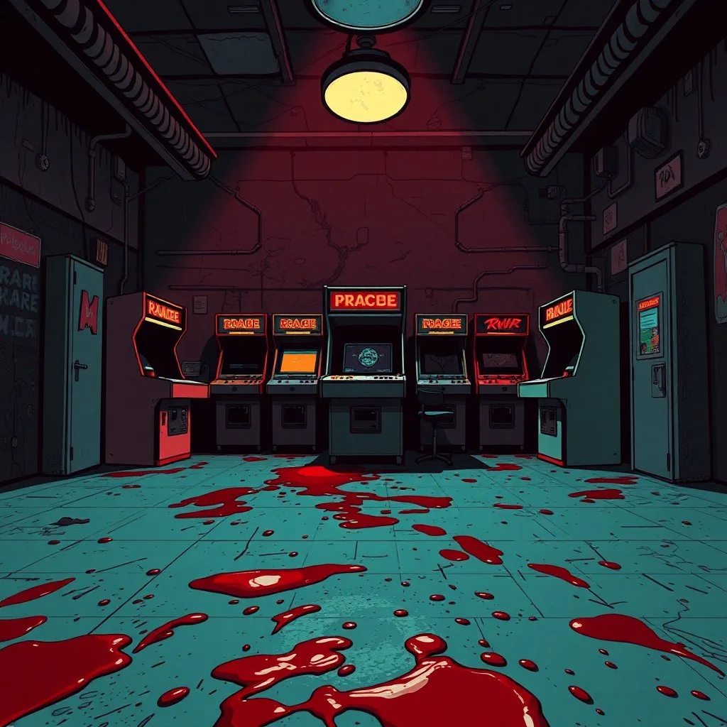 Comic style, desolate dark arcade, blood on the floor, no humans