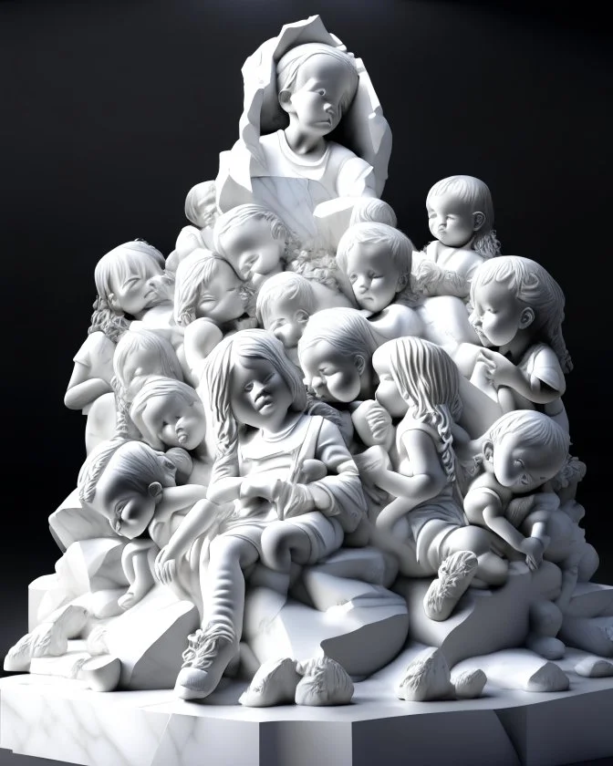 Escultura de muchos niños muertos por una bomba , en marmol blanco calidad ultra, hiperdetallado, obra de arte, 8k 3D