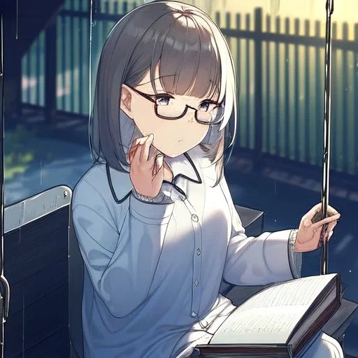 anime girl sitting on a porch swing of an old house, journaling, wearing pajamas, writing in a book, shes watching it rain, more detail on hands and her face,shes deep in her thoughts, wearing glasses, rain drops, she has a pencil in her hand and is writning in the book, she is looking down at what she is writing, lightning, she is writing something in a book, eyes are pointed down