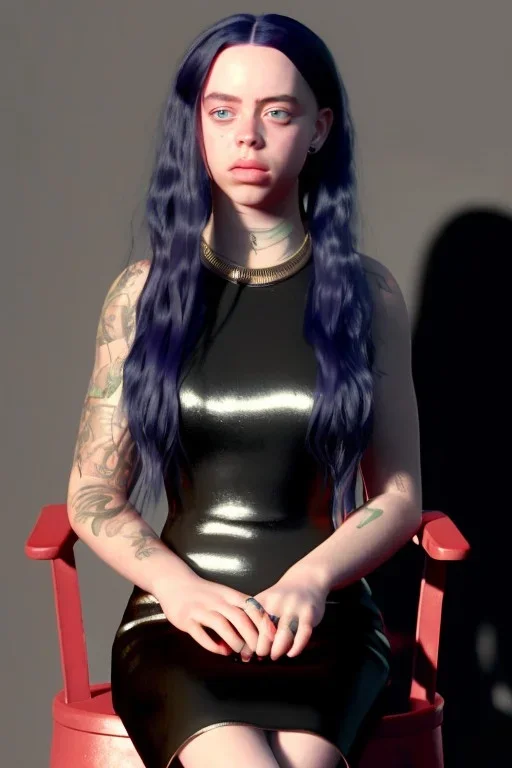 Billie Eilish, sitting on a chair, Black Short Dress, high detail, realistic