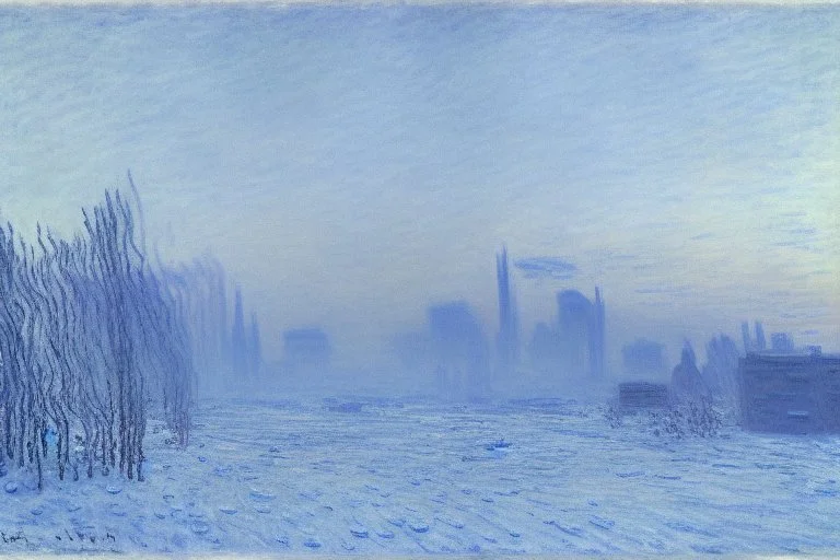 cyberpunk buildings near the frozen lake, winter, tendency to science fiction, realistic vision, claude monet painting