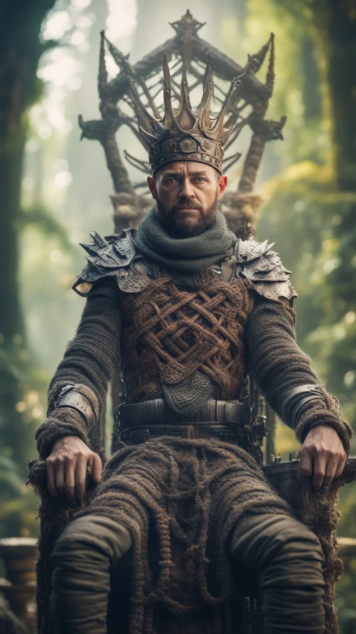 close up portrait of a happy blessed ancient magical king mad max soldier standing on a throne, holding a sceptre, in a space alien mega structure with stairs and bridges woven into a sacred geometry knitted tapestry in the middle of lush magic forest, bokeh like f/0.8, tilt-shift lens 8k, high detail, smooth render, down-light, unreal engine, prize winning