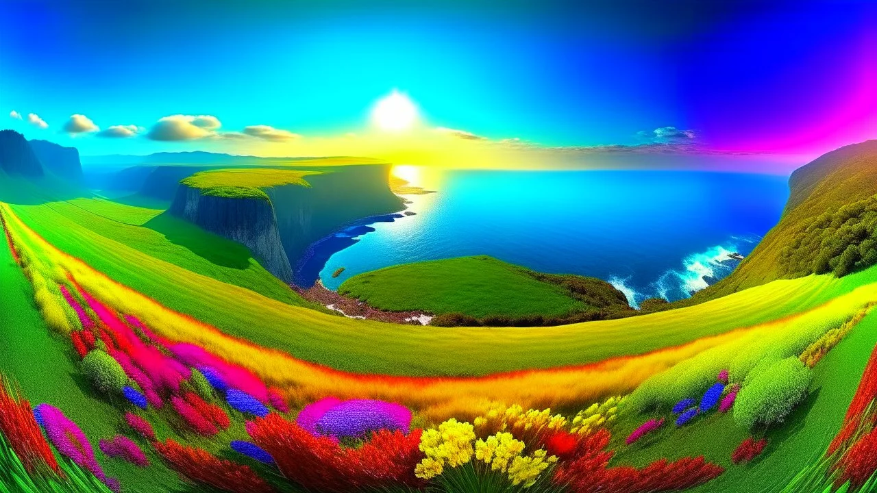 wide angle lens perspective showing curvature of earth at the horizon, brilliant lush vibrant landscape giving way to the ocean, trees flowers waterfall verdant, eco-friendly, colorful, award winning surreal photography