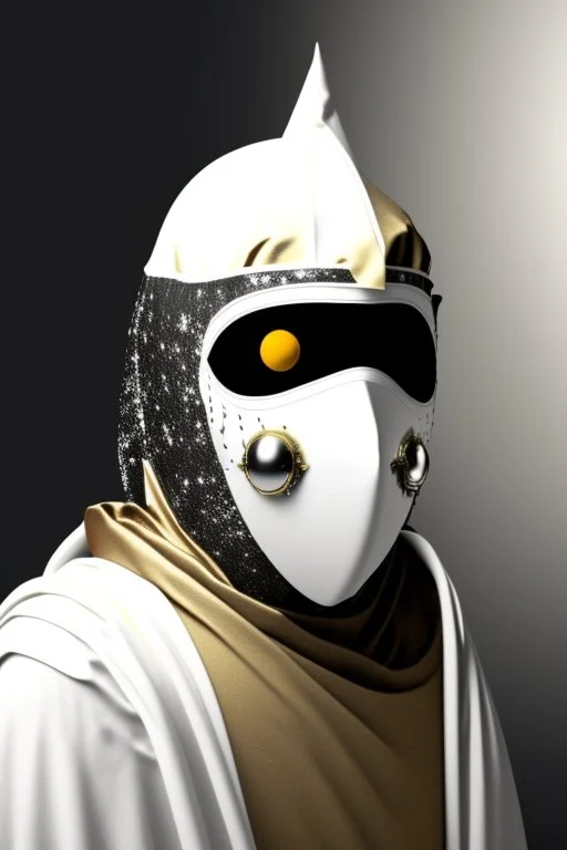 Planet Mercury portrayed as a masked human wearing medieval robes, the right side of the mask is black with open white eye, the left side of the mask is white with closed eye