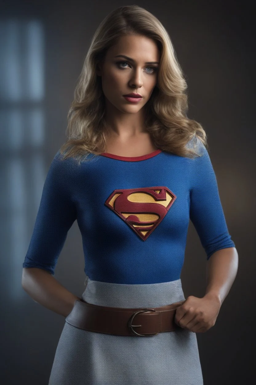 Supergirl, Realistic Stock Photo, ProtoVision, Realism Engine, RealVis XL, Zavy Chroma XL. facial portrait, chiaroscuro, deep shadows, rich deep colors, highly detailed portrait, Kara Zor-El, large jugs, blue and white-striped nylon, short sleeved, pullover, mini dress with a belt, 21-years-old, full color, expression of extreme happiness, hope and positivity, 4k UHD, Ultra-realistic, Hyper realistic, Photorealistic, Realistic, absolute Reality,