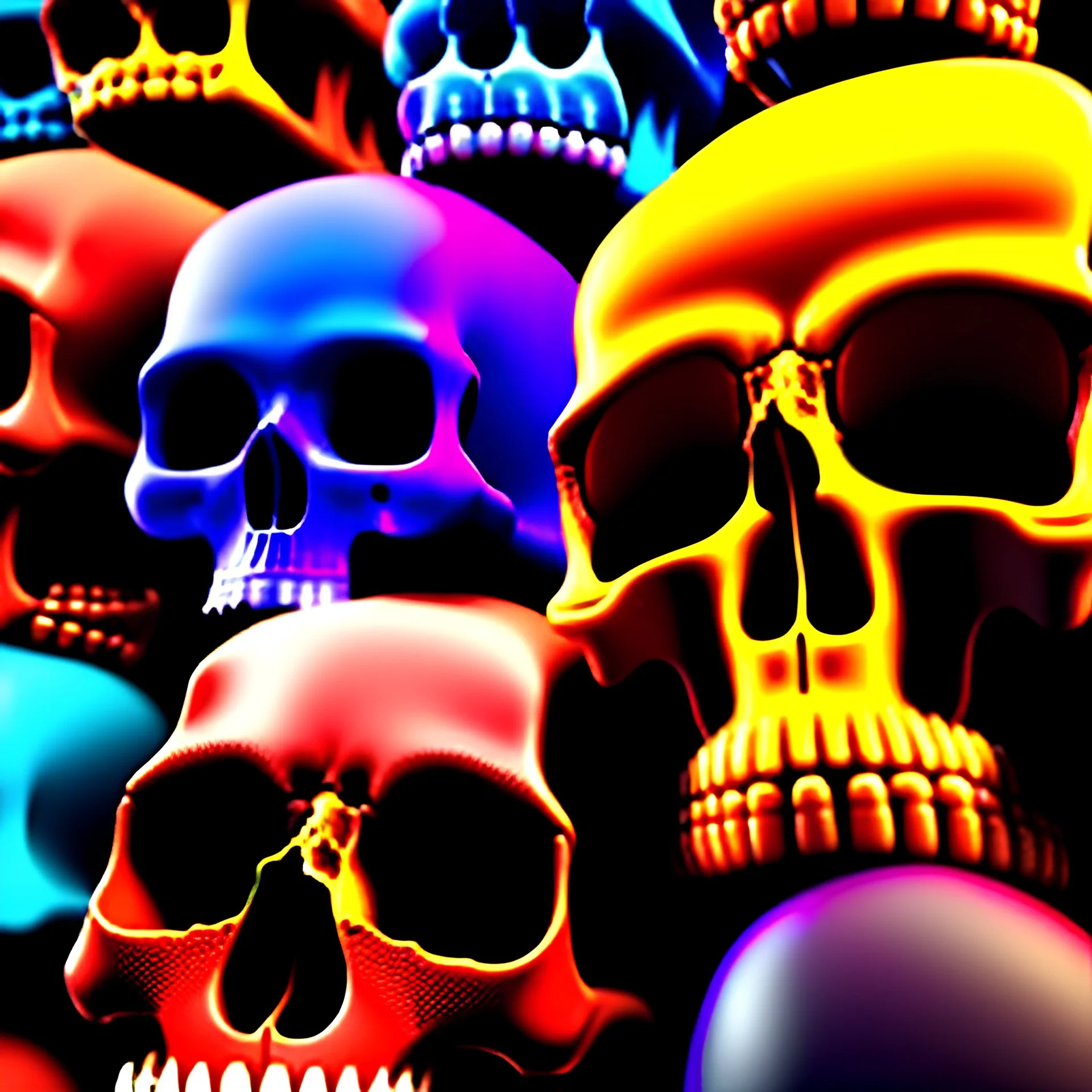 a picture of a dark, comedic, anatomically correct wall of colorful tightly packed stacked skulls of varying sizes and expressions, photo realistic, insanely meticulous, highly detailed, part of a collection of bones on display, 64k, dystopian, vray, cartoonish, cartoon character skulls