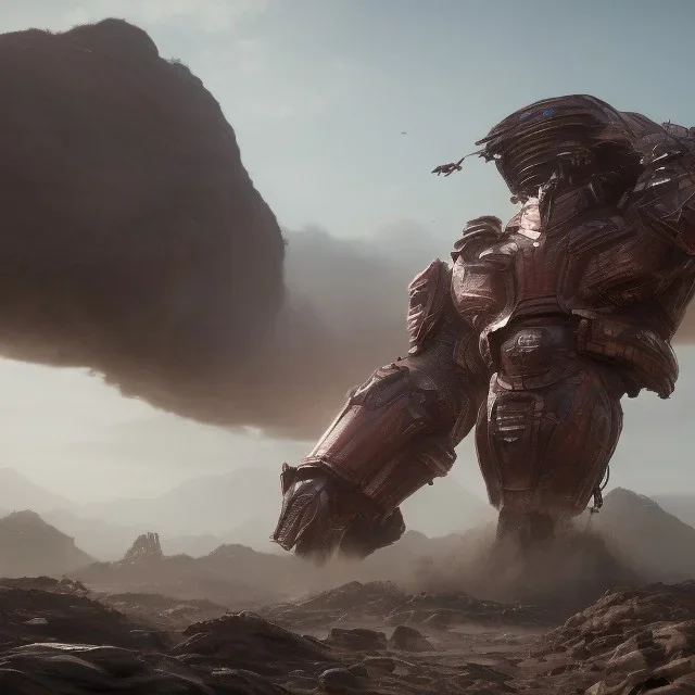 huge Giant men future armor, pounding heavy hammers into mountain's, large rocks fly into the air