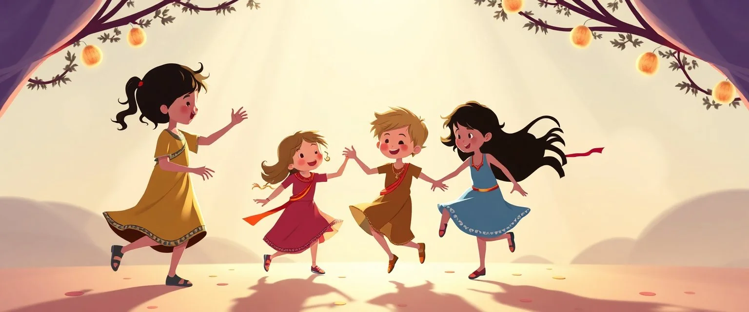 illustration of children playing and dancing. fantastic lighting, chaabi children's book proportions, on a light background