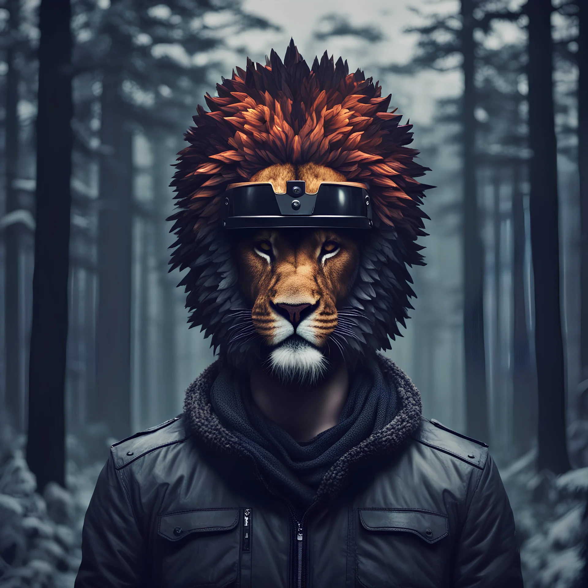 a man wearing a helmet made of lion head, darkish, epic, head photo side, cold forest background, retro pixel art