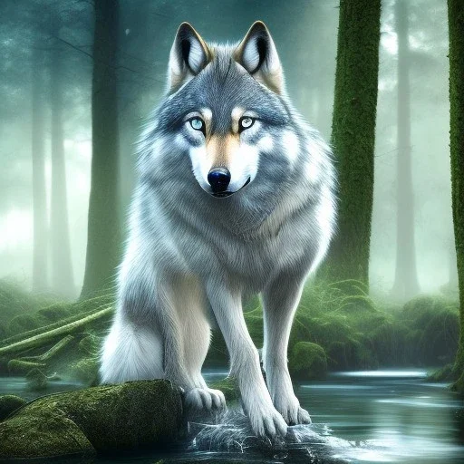 wolf, water, blue, forest, masterpiece, expert, 8K, hyperrealism, sharp focus, cinematic lighting