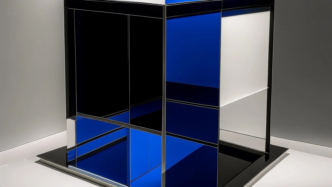 A full shot of a painting by John Cage, titled "The Cube", which is made up of two canvases, each divided into two sections. the left section is painted a deep blue, while the right section is painted a lighter blue. The painting is placed on a black canvas, surrounded by a white border. The left section of the painting is adorned with a white line, while the right section is adorned with a white line. The painting is further divided into two sections, with the upper section painted in a darker