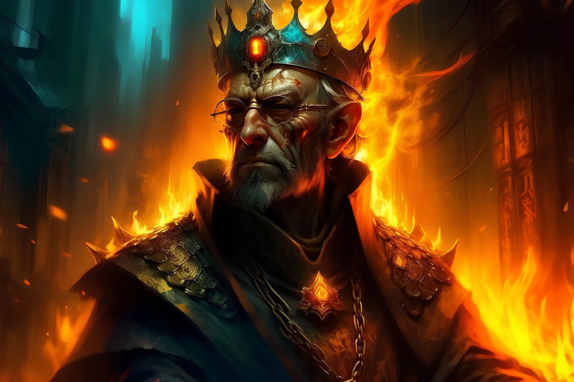 Portrait roi conquerant cyberpunk, incendie en arrière plan