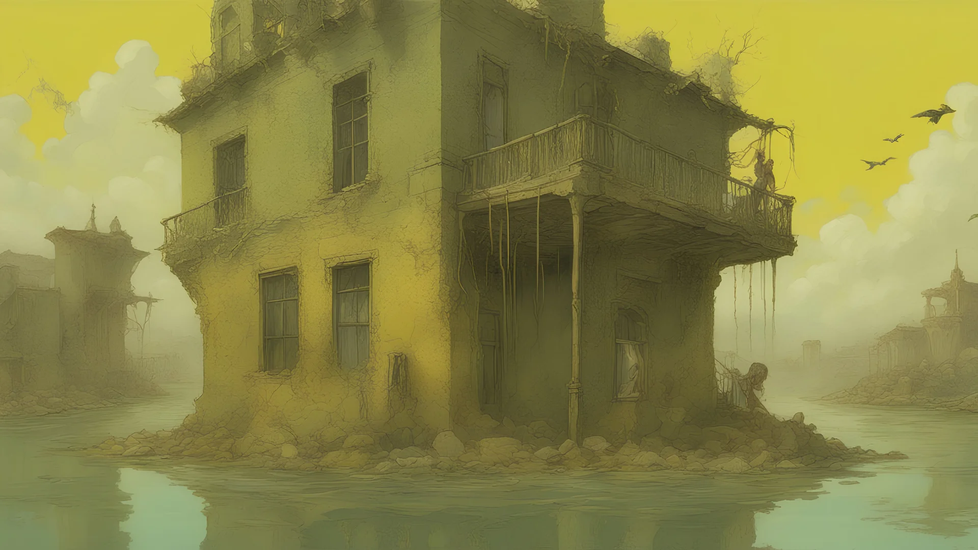 The living man and living woman unpacked from the aluminum foil KISS THE WATER Graffiti falls UNDER the pale yellow and olive green WATER, at the bottom of the cloudy water lie some bones, rust-colored ruins of a house covered with human dust. Full-scale telepathy of dystopian eras.