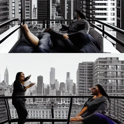 a man and a woman screaming at each other on a balcony, downtown new york, dramatic, dramatic lighting, volumetric lighting, hyperrealism, 8k, high quality, photorealistic, lot of details