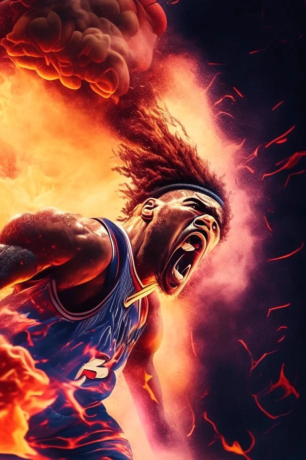 8k, highly realistic and detailed image of a NBA basketball player in action dunking the ball in the net, sweaty hair, screaming look,action and smoke and flames background