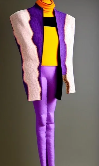 Camouflage colors are terracotta, cream and purple, lilac and Cream latex! European daft punk woman. Mantle is sewed of recycled Denim and sewed together of recycled polymer felt. Yellow(Munsell) areas. hint of orange as effect color!!Big bright purple/khaki felt tippet and cream or blue or lilac colored-hood. mantle is merged with satchel. . AKG-style headphones (gold rings!) is merged with small felt cap with small visor. Style: Haute Couture in 1998