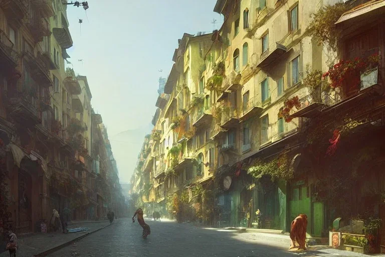 Street goes down+A greengrocer in colorful genoa street+Italian mediavel Italian sea+alphonse mucha, greg rutkowski,matte painting, cryengine, hyper detailed, felix kelly, fantasy art, seb mckinnon