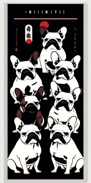  a group of french bulldogs that are on top of each other, a poster by Nōami, ukiyo-e, anime aesthetic, minimalist.