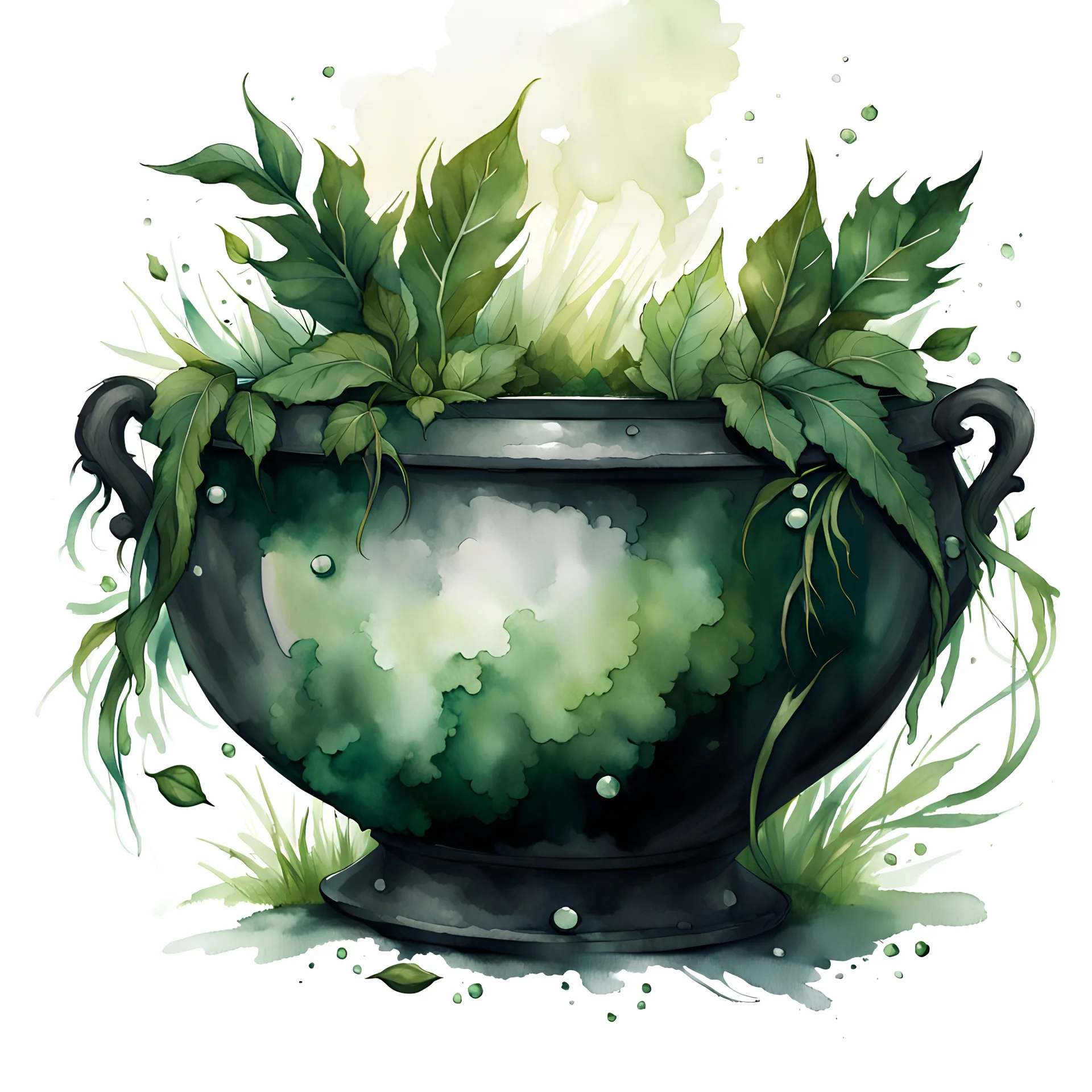 watercolor, dark style, dark green vintage witch's cauldron white emeralds and with grass and leaves, Trending on Artstation, {creative commons}, fanart, AIart, {Woolitize}, by Charlie Bowater, Illustration, Color Grading, Filmic, Nikon D750, Brenizer Method, Side-View, Perspective, Depth of Field, Field of View, F/2.8, Lens Flare, Tonal Colors, 8K, Full-HD, ProPhoto