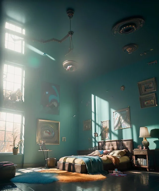 Ultra Realistic Room image with big sweet monster, Kandinsky artist style, highly detailed, unreal engine 5, RTX, ultra detail, volumetric lighting, finely drawn, high definition, high resolution.