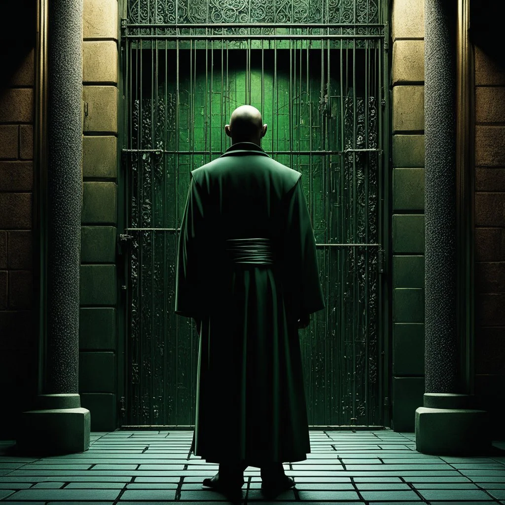 a gangsta monk in the matrix realm of falsehoods: what shall you do, oh mischievous ones, when the fabrications come knocking at your door? When they emerge from the shadows, how will you respond? A 3D abstract masterpiece in the form of a jail artistry.