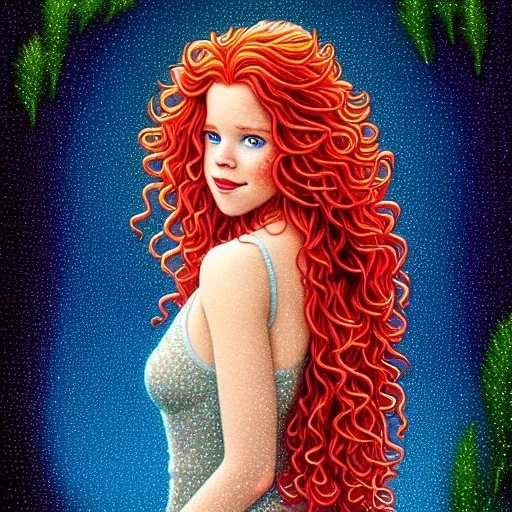 teen Robyn Lively, her striking perfectly detailed clear eyes, her perfect, precisely detailed lightly freckled face, meticulously detailed long curly multi-hued ginger carrot cherry fire red hair, luminous colorful sparkles; by james r. eads, gawki, rajewel, tania rivilis, dan mumford, lisa frank, artgerm, greg rutkowski, alphonse mucha and william-adolphe bouguereau; glitter, airbrush, octane render, volumetric lighting, 16k, photorealistic digital painting, artstation, smooth, sharp focus