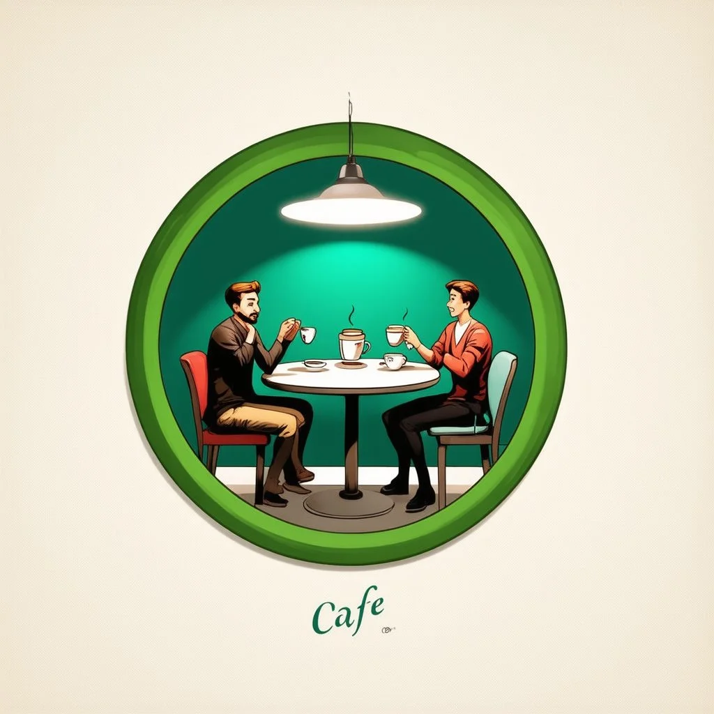 A circular logo with a special green border color, in the center of which are two people sitting around a table drinking coffee, and the cafe light above the table is on, in the space of a special and beautiful cafe.