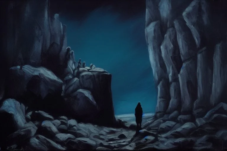 night, rocks, cliff, 2000's gothic horror movies influence, otto pippel impressionism paintings