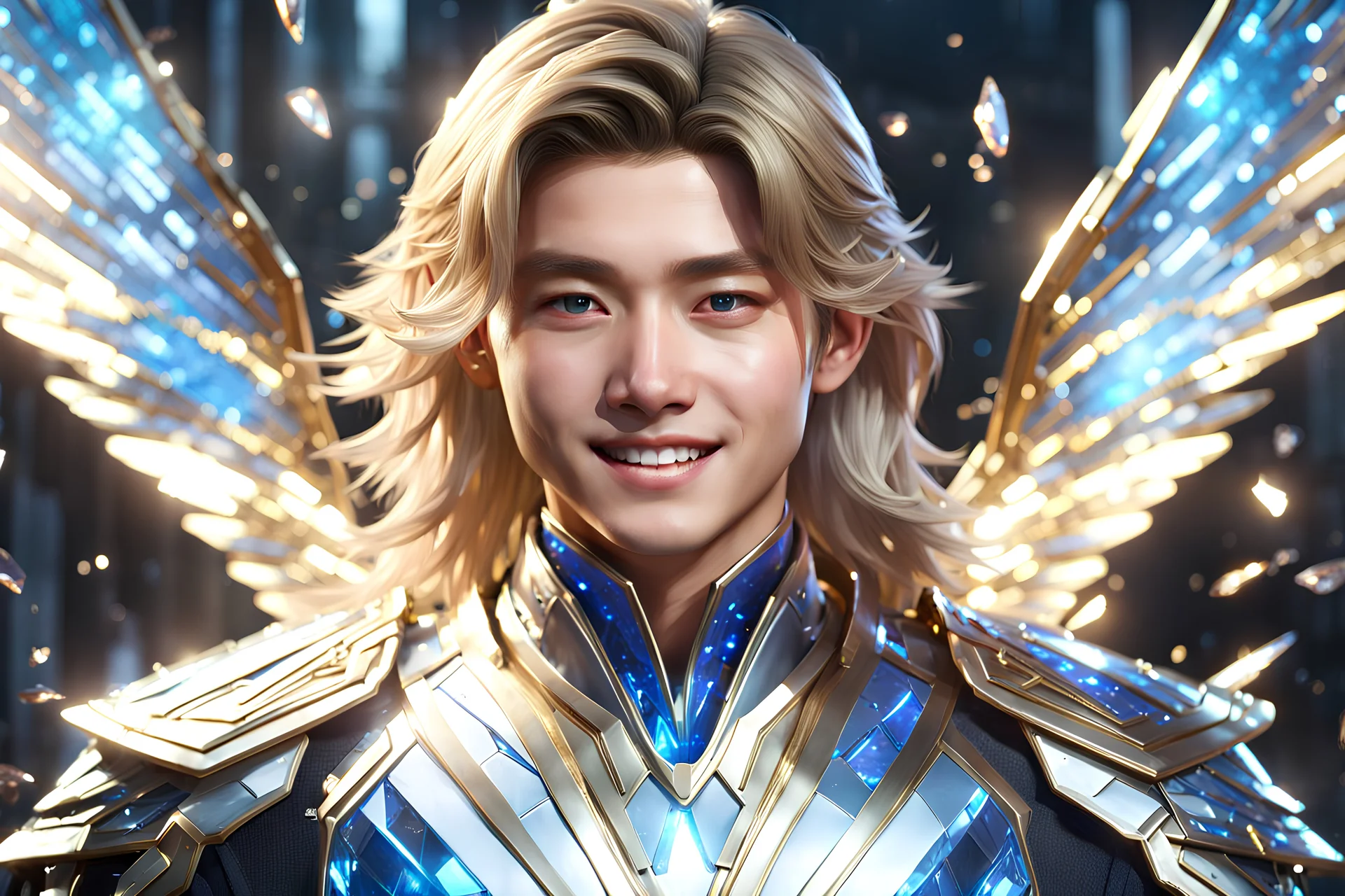 fantasy god corean boy JI CHANG WOOK smiling face, reflective, shatter, broken glass, big blue eyes, long blond hair, 8k resolution concept art portrait dynamic lighting hyperdetailed intricately detailed splash art trending on artstation unreal engine 5 volumetric lighting, wings transparent, very beautifull suit, very beautifull large smile,cosmic jewels