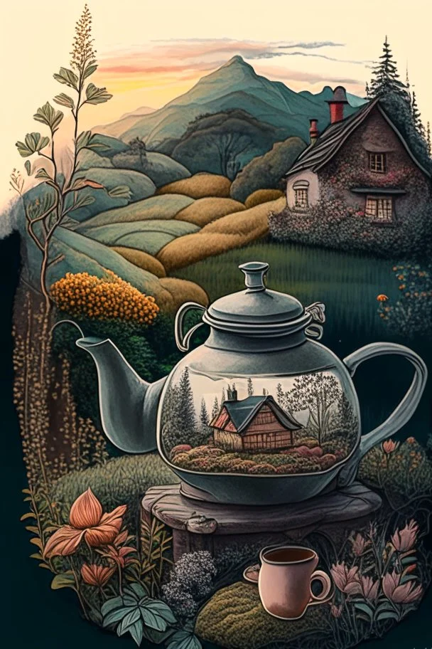Cozy vibes drawing art tea pot, gardeners home scene in tea pot with Appalachia in the background